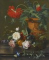 UN BODEGÓN DE AMAPOLAS EN UN JARRÓN DE TERRACOTA ROSAS UN CLAVEL Y OTRAS FLORES Jan van Huysum flores clásicas
